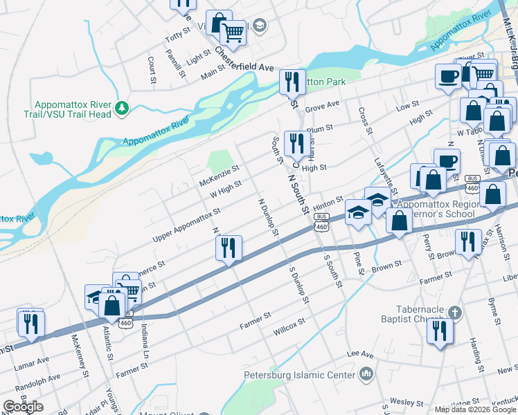map of restaurants, bars, coffee shops, grocery stores, and more near 214 North Dunlop Street in Petersburg