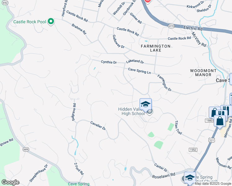map of restaurants, bars, coffee shops, grocery stores, and more near 5452 Linda Lane in Cave Spring