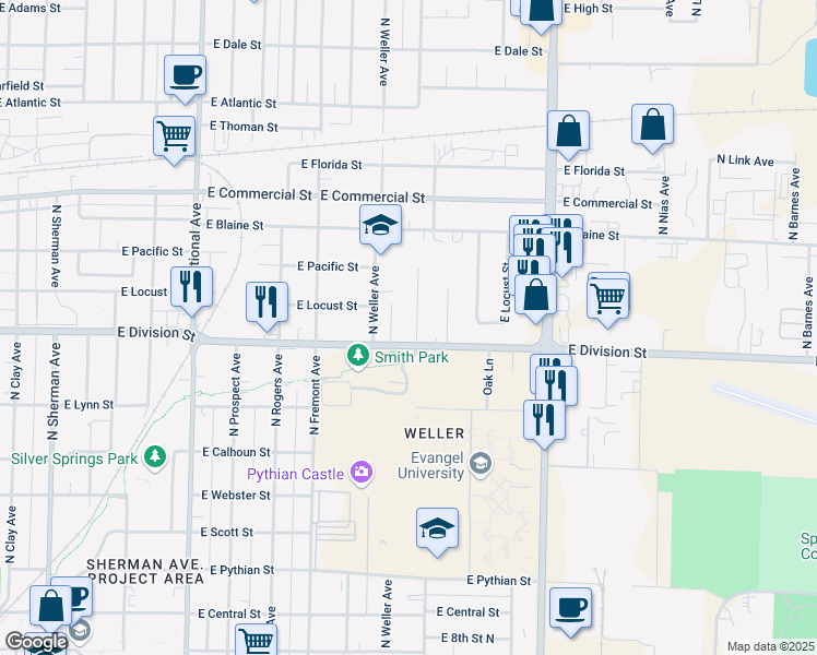 map of restaurants, bars, coffee shops, grocery stores, and more near 1533 East Division Street in Springfield