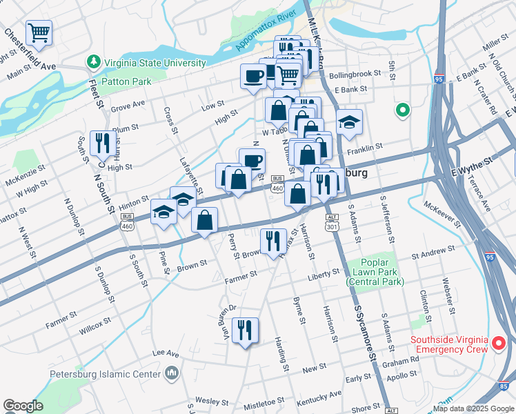 map of restaurants, bars, coffee shops, grocery stores, and more near 215 West Wythe Street in Petersburg