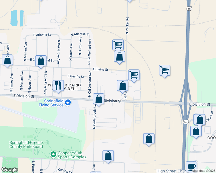 map of restaurants, bars, coffee shops, grocery stores, and more near 2861 East Division Street in Springfield