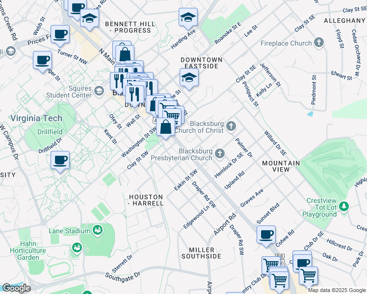 map of restaurants, bars, coffee shops, grocery stores, and more near in Blacksburg