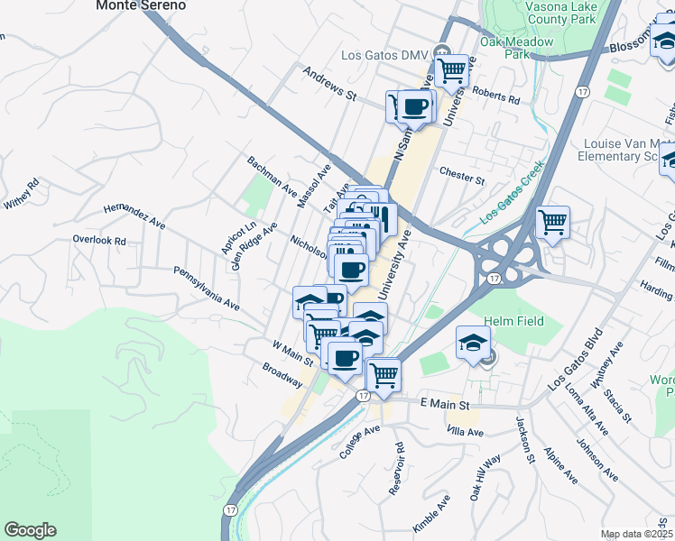 map of restaurants, bars, coffee shops, grocery stores, and more near 150 Wilder Avenue in Los Gatos