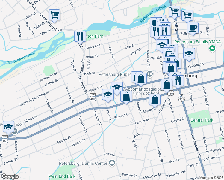 map of restaurants, bars, coffee shops, grocery stores, and more near 533 West Washington Street in Petersburg