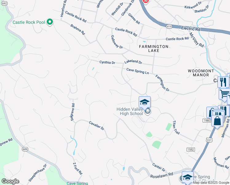map of restaurants, bars, coffee shops, grocery stores, and more near 5452 Linda Lane in Cave Spring