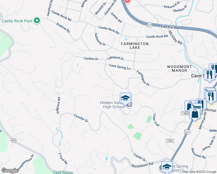map of restaurants, bars, coffee shops, grocery stores, and more near 5419 Linda Lane in Cave Spring
