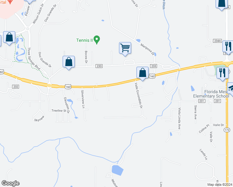 map of restaurants, bars, coffee shops, grocery stores, and more near 29502 U.S. 160 in Durango