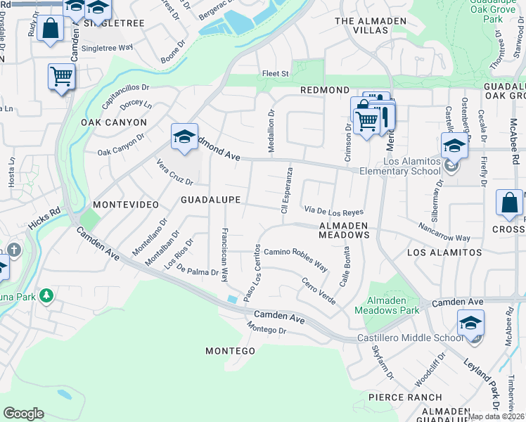 map of restaurants, bars, coffee shops, grocery stores, and more near 1422 Calle Alegre in San Jose