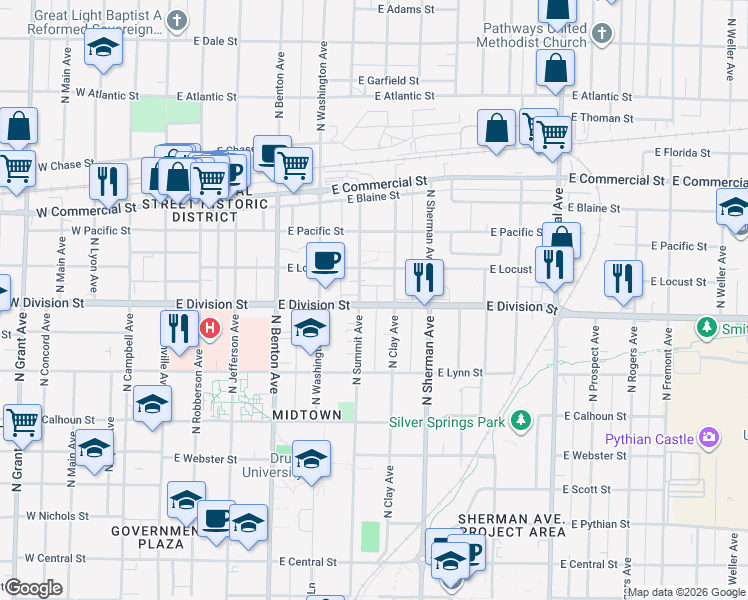 map of restaurants, bars, coffee shops, grocery stores, and more near 1530 North Summit Avenue in Springfield