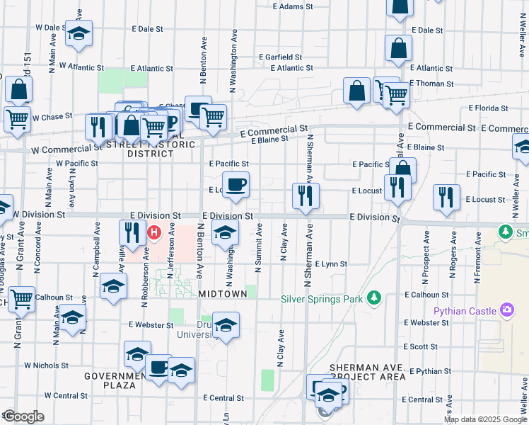 map of restaurants, bars, coffee shops, grocery stores, and more near 1530 North Summit Avenue in Springfield