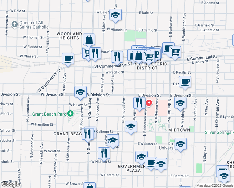 map of restaurants, bars, coffee shops, grocery stores, and more near 1535 North Campbell Avenue in Springfield
