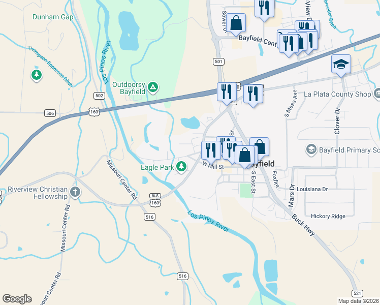 map of restaurants, bars, coffee shops, grocery stores, and more near 241 West North Street in Bayfield