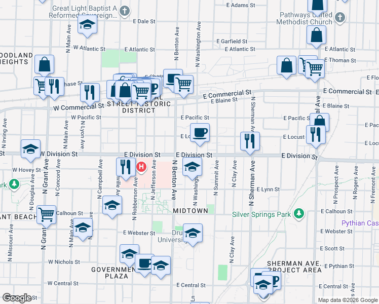 map of restaurants, bars, coffee shops, grocery stores, and more near 1526 North Benton Avenue in Springfield