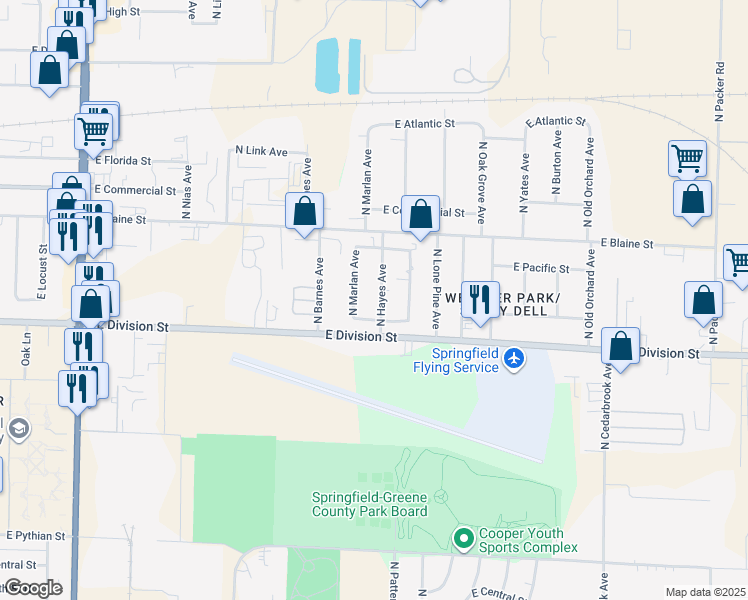 map of restaurants, bars, coffee shops, grocery stores, and more near 1643 North Hayes Avenue in Springfield