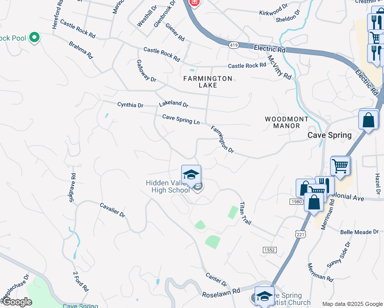 map of restaurants, bars, coffee shops, grocery stores, and more near 5377 Luwana Drive in Cave Spring