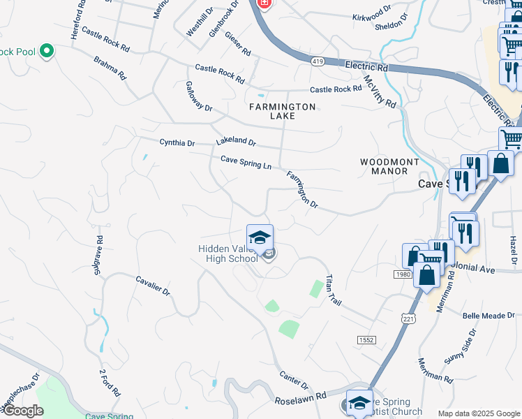 map of restaurants, bars, coffee shops, grocery stores, and more near 5377 Luwana Drive in Cave Spring