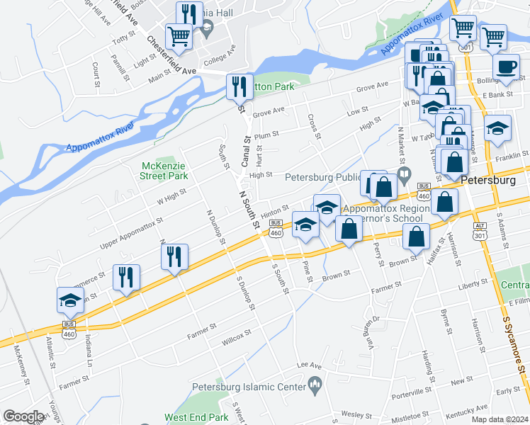 map of restaurants, bars, coffee shops, grocery stores, and more near 709 Hinton Street in Petersburg
