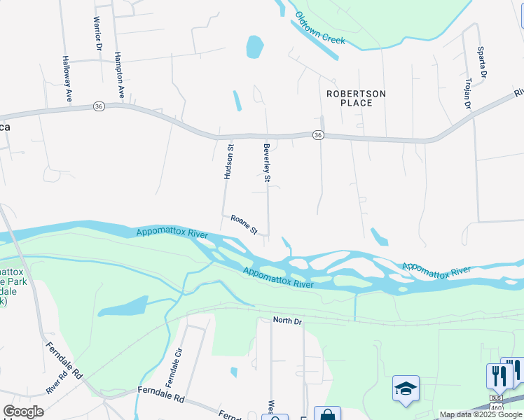 map of restaurants, bars, coffee shops, grocery stores, and more near 21720 Beverley Street in Petersburg