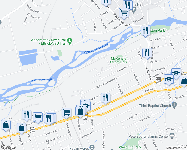 map of restaurants, bars, coffee shops, grocery stores, and more near 1219 McKenzie Street in Petersburg