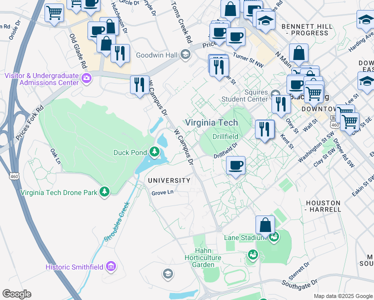 map of restaurants, bars, coffee shops, grocery stores, and more near West Campus Drive in Blacksburg