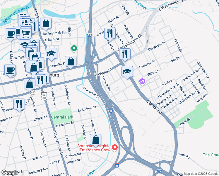 map of restaurants, bars, coffee shops, grocery stores, and more near 211 Terrace Avenue in Petersburg