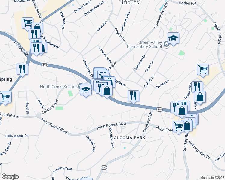 map of restaurants, bars, coffee shops, grocery stores, and more near 3763 Fairburn Drive in Cave Spring