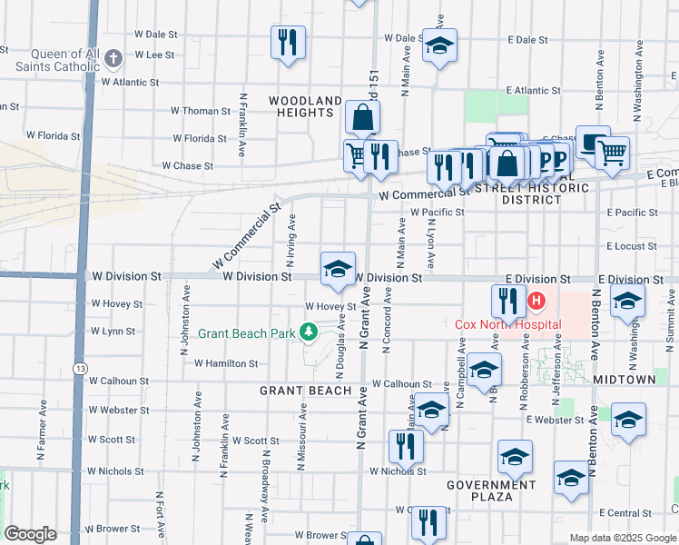 map of restaurants, bars, coffee shops, grocery stores, and more near 801 West Division Street in Springfield