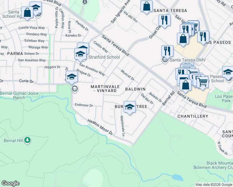 map of restaurants, bars, coffee shops, grocery stores, and more near 6829 Moselle Drive in San Jose