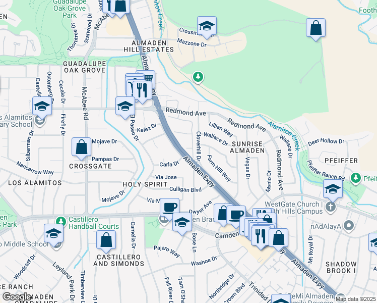 map of restaurants, bars, coffee shops, grocery stores, and more near 1105 Camber Tree Court in San Jose