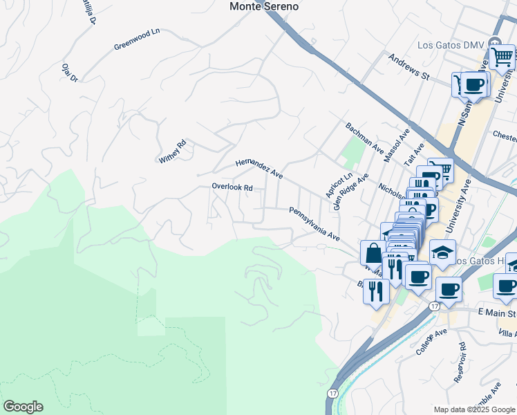 map of restaurants, bars, coffee shops, grocery stores, and more near 18000 Overlook Road in Los Gatos