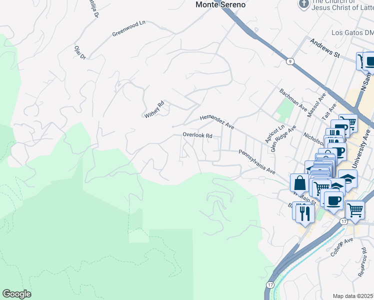 map of restaurants, bars, coffee shops, grocery stores, and more near 18400 Overlook Road in Los Gatos
