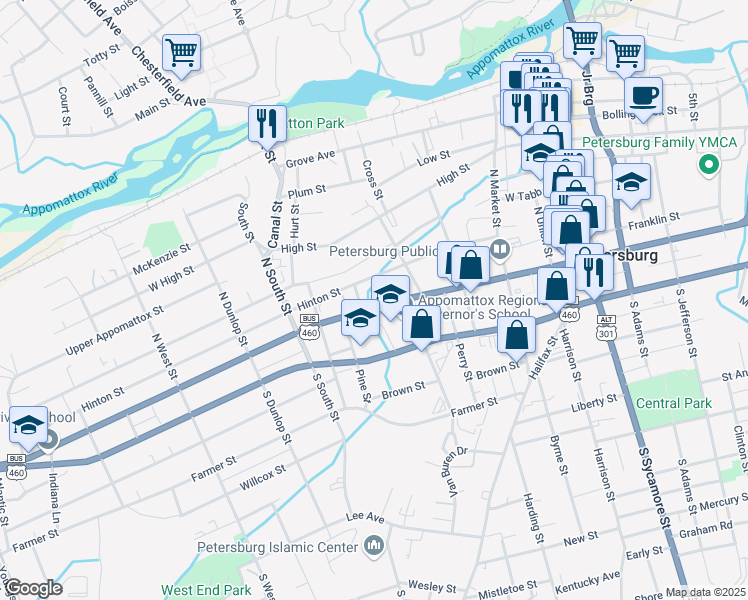 map of restaurants, bars, coffee shops, grocery stores, and more near 531 West Washington Street in Petersburg