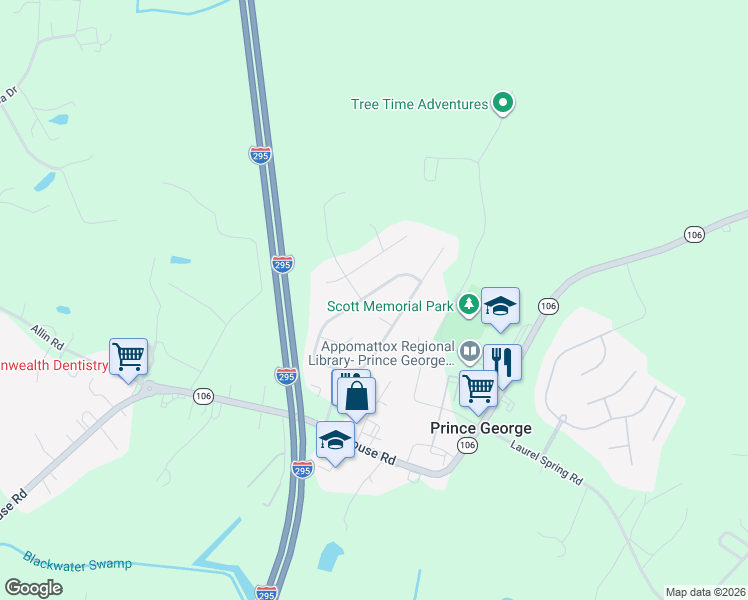 map of restaurants, bars, coffee shops, grocery stores, and more near 302 Cottonwood Lane in Prince George