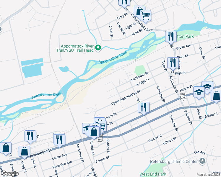 map of restaurants, bars, coffee shops, grocery stores, and more near 1217 McKenzie Street in Petersburg