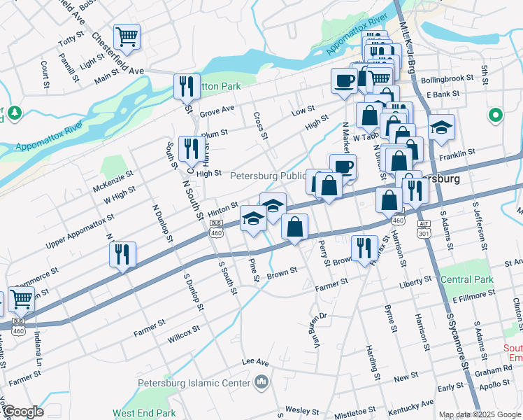 map of restaurants, bars, coffee shops, grocery stores, and more near 531 West Washington Street in Petersburg