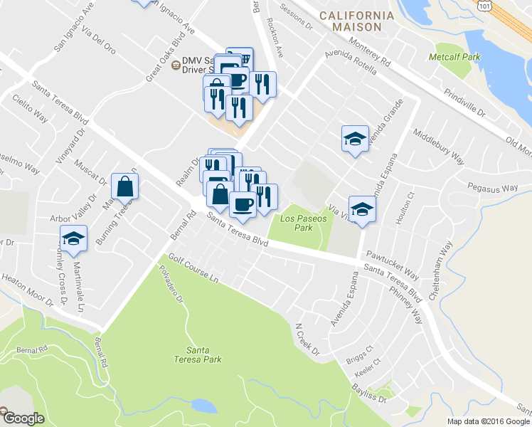 map of restaurants, bars, coffee shops, grocery stores, and more near 7138 Santa Teresa Boulevard in San Jose