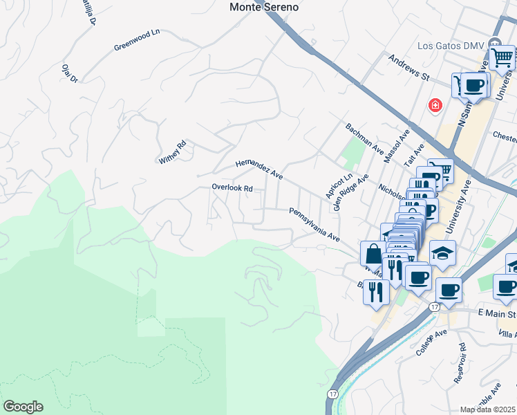 map of restaurants, bars, coffee shops, grocery stores, and more near 600 Pennsylvania Avenue in Los Gatos