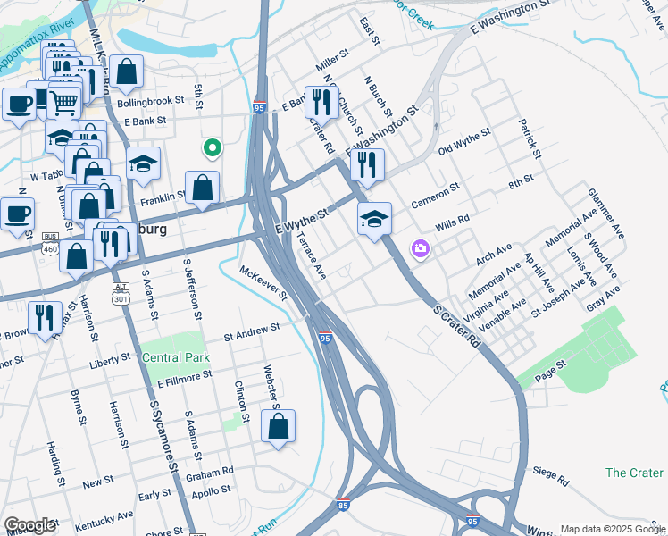 map of restaurants, bars, coffee shops, grocery stores, and more near 511 Hannon Street in Petersburg