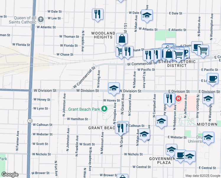 map of restaurants, bars, coffee shops, grocery stores, and more near 1522 North Missouri Avenue in Springfield