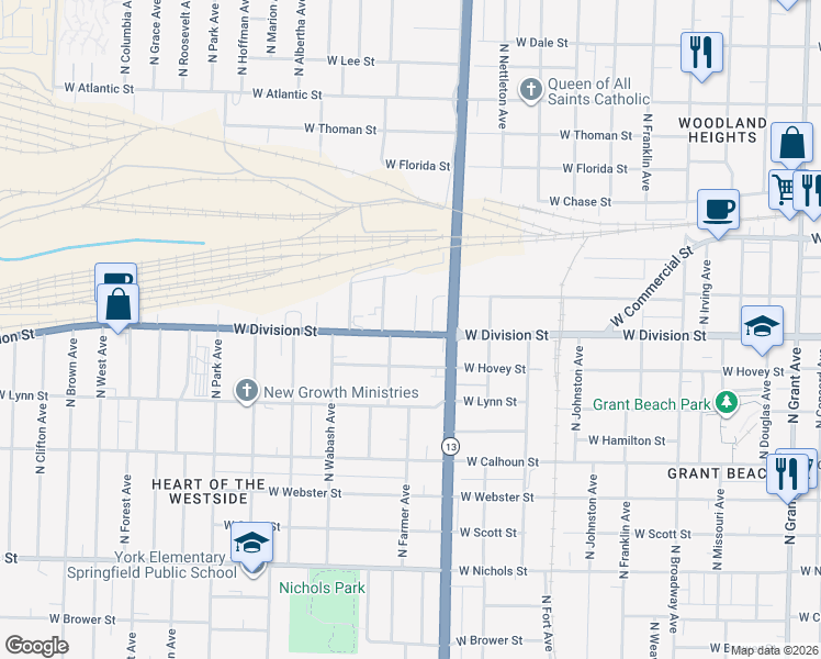 map of restaurants, bars, coffee shops, grocery stores, and more near 1521 North Farmer Avenue in Springfield