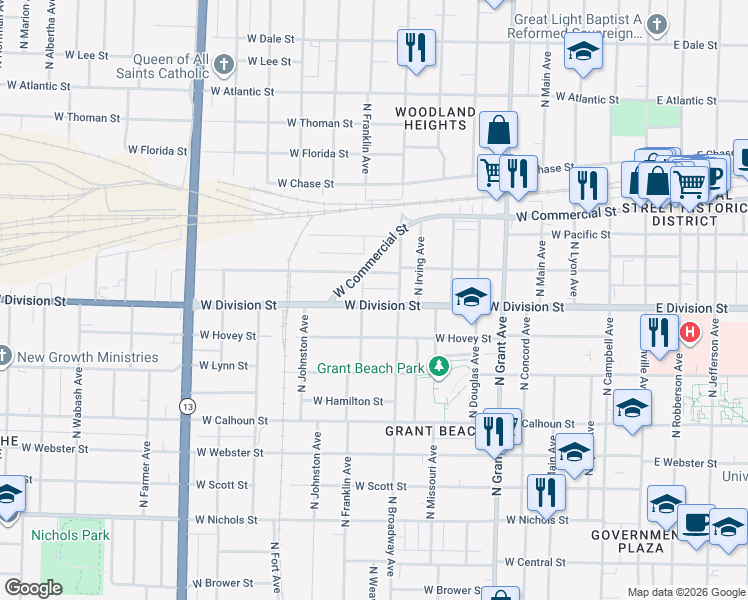 map of restaurants, bars, coffee shops, grocery stores, and more near 1100 West Commercial Street in Springfield