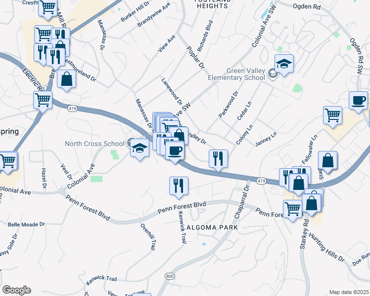 map of restaurants, bars, coffee shops, grocery stores, and more near 3763 Fairburn Drive in Cave Spring