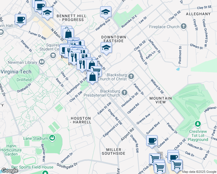 map of restaurants, bars, coffee shops, grocery stores, and more near New Church Street in Blacksburg
