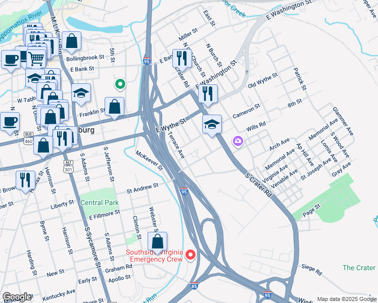 map of restaurants, bars, coffee shops, grocery stores, and more near 511 Hannon Street in Petersburg