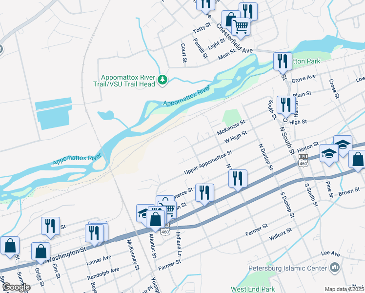 map of restaurants, bars, coffee shops, grocery stores, and more near 1217 McKenzie Street in Petersburg