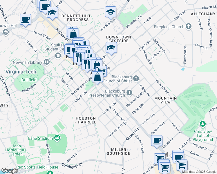 map of restaurants, bars, coffee shops, grocery stores, and more near 401 South Main Street in Blacksburg