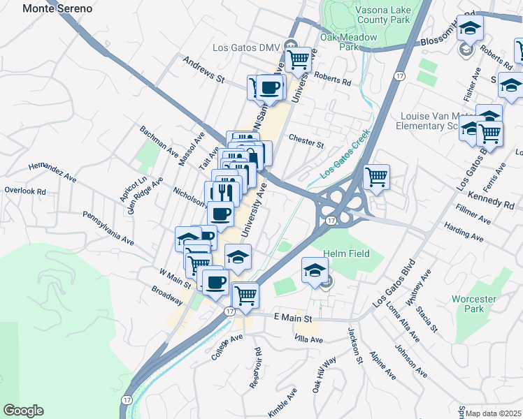 map of restaurants, bars, coffee shops, grocery stores, and more near 314 University Avenue in Los Gatos