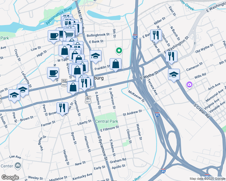 map of restaurants, bars, coffee shops, grocery stores, and more near 220 East Wythe Street in Petersburg