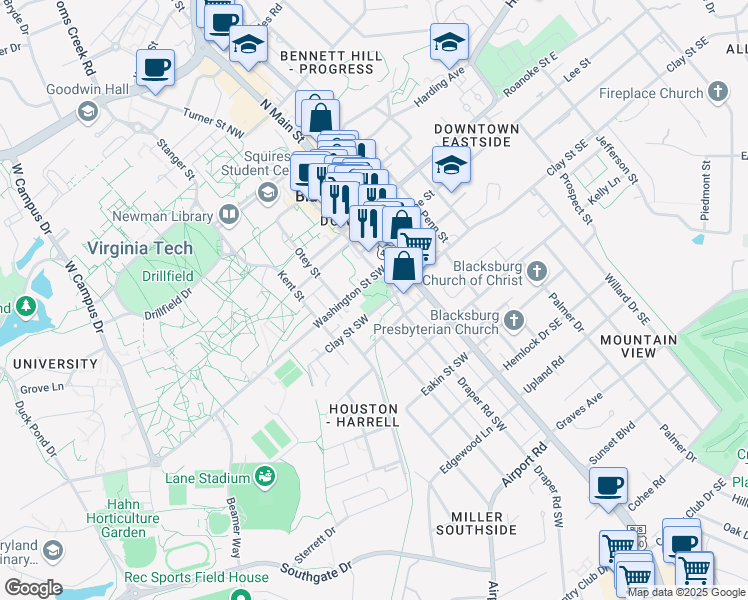 map of restaurants, bars, coffee shops, grocery stores, and more near 203 Washington Street Southwest in Blacksburg