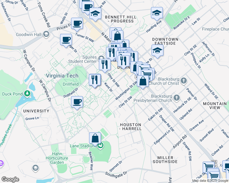 map of restaurants, bars, coffee shops, grocery stores, and more near 201 Kent Street in Blacksburg